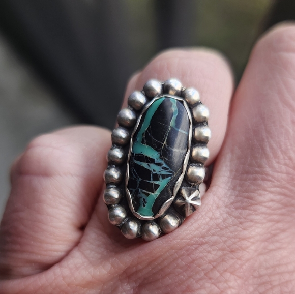925 Sterling Silver Jewelry - Handmade Sterling Silver 925 Black Jack Turquoise Ring Star Shot Size 6